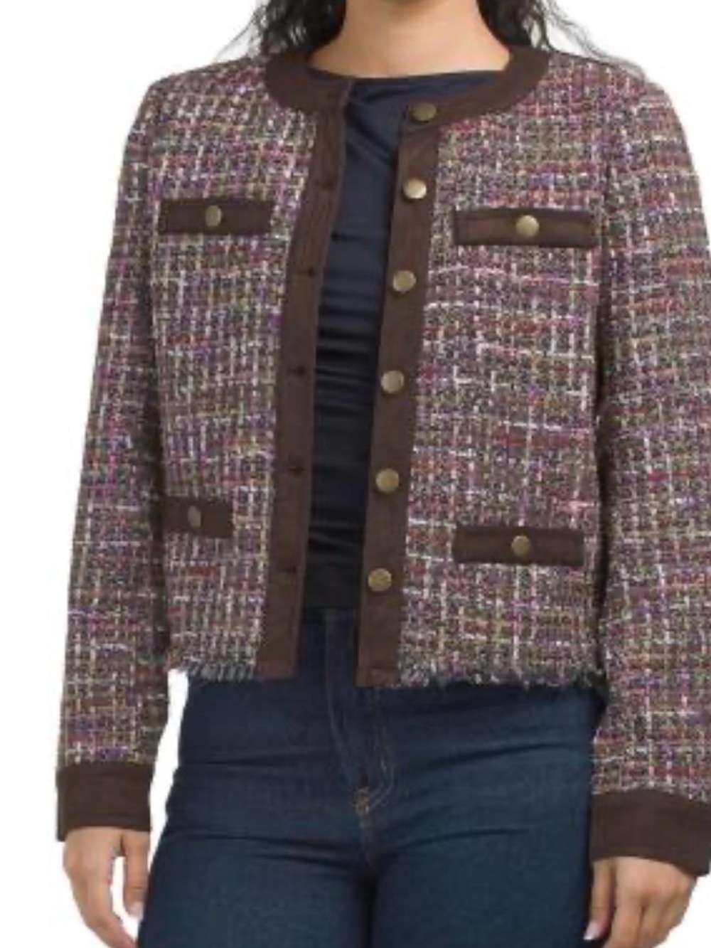 #646 ecru Pink Multi Tweed Button-Front Jacket with Brown Trim. NWT